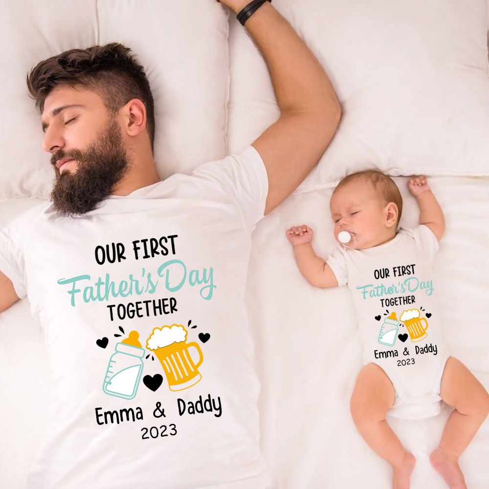 Chemises personnalisées assorties à la bière et à la bouteille, chemise de notre première fête des pères ensemble, body en coton, chemise père et bébé, cadeau de fête des pères pour papa
