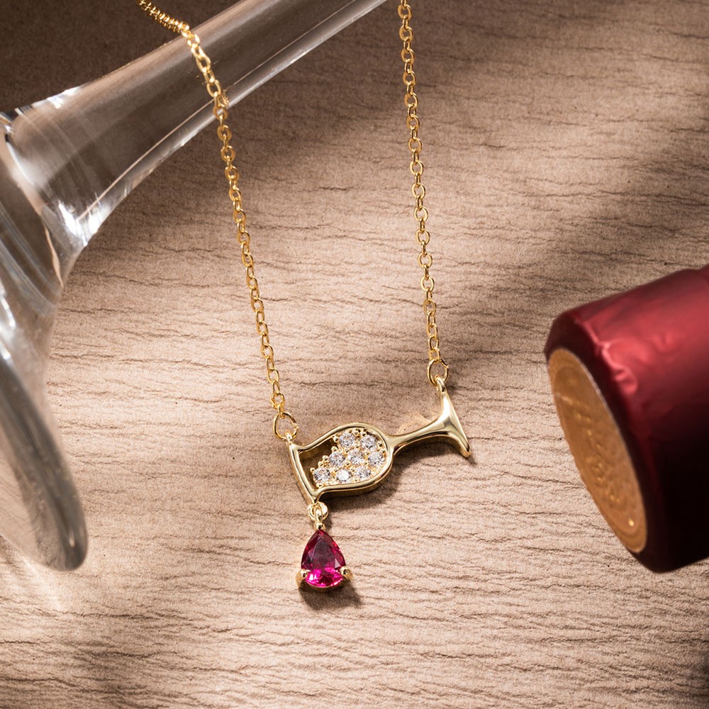 Wine Glass Ruby Birthstone Necklace, Wine Bottle Cup Cubic Zircon Pendant Necklace, Birthday Gift for Women/Wine Lover/Bartender