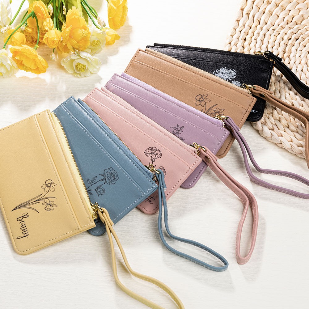 Personalized Birth Flower Zipped Card Holder with Name, Monogram Vegan Leather Coin Purse, Women's Wallet, Mother's Day/Bridesmaid Gift for Women