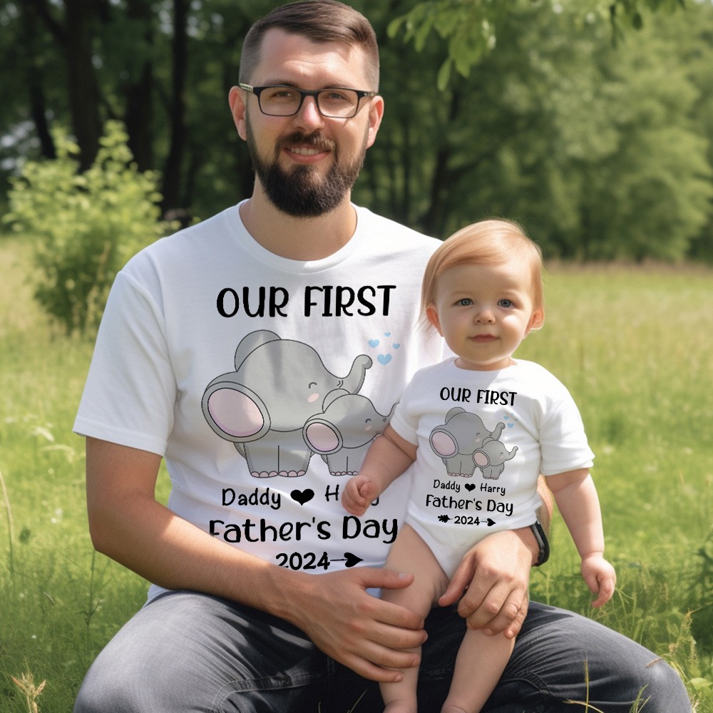 Custom Elephant Name Parent-child Shirts, Father Son Matching Shirts, Family Shirts, Cotton T-shirts/Rompers, Father's Day Gift for Dad/Grandpa
