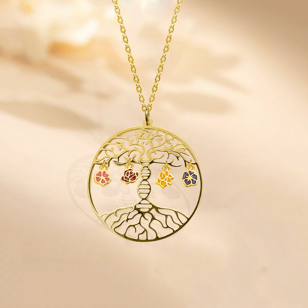 Personalized DNA Tree of Life Necklace with Birth Month Flowers, Family DNA Jewelry, Double Helix Biology Jewelry for Grandma/Mom/Her