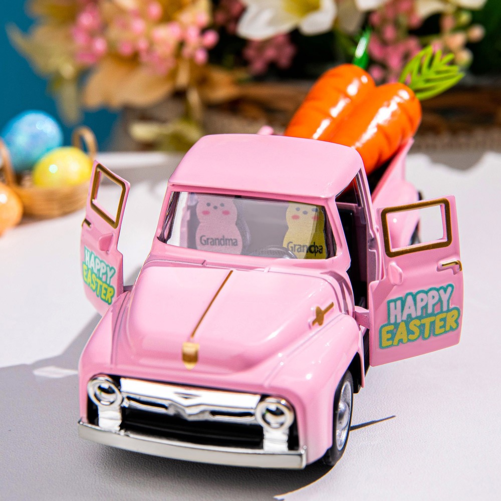 Custom Easter Truck with Eggs/Carrots Pink Vintage Farm Pickup Farmhouse Tabletop Tiered Tray Decor Home Kitchen Happy Spring Mini Decorations