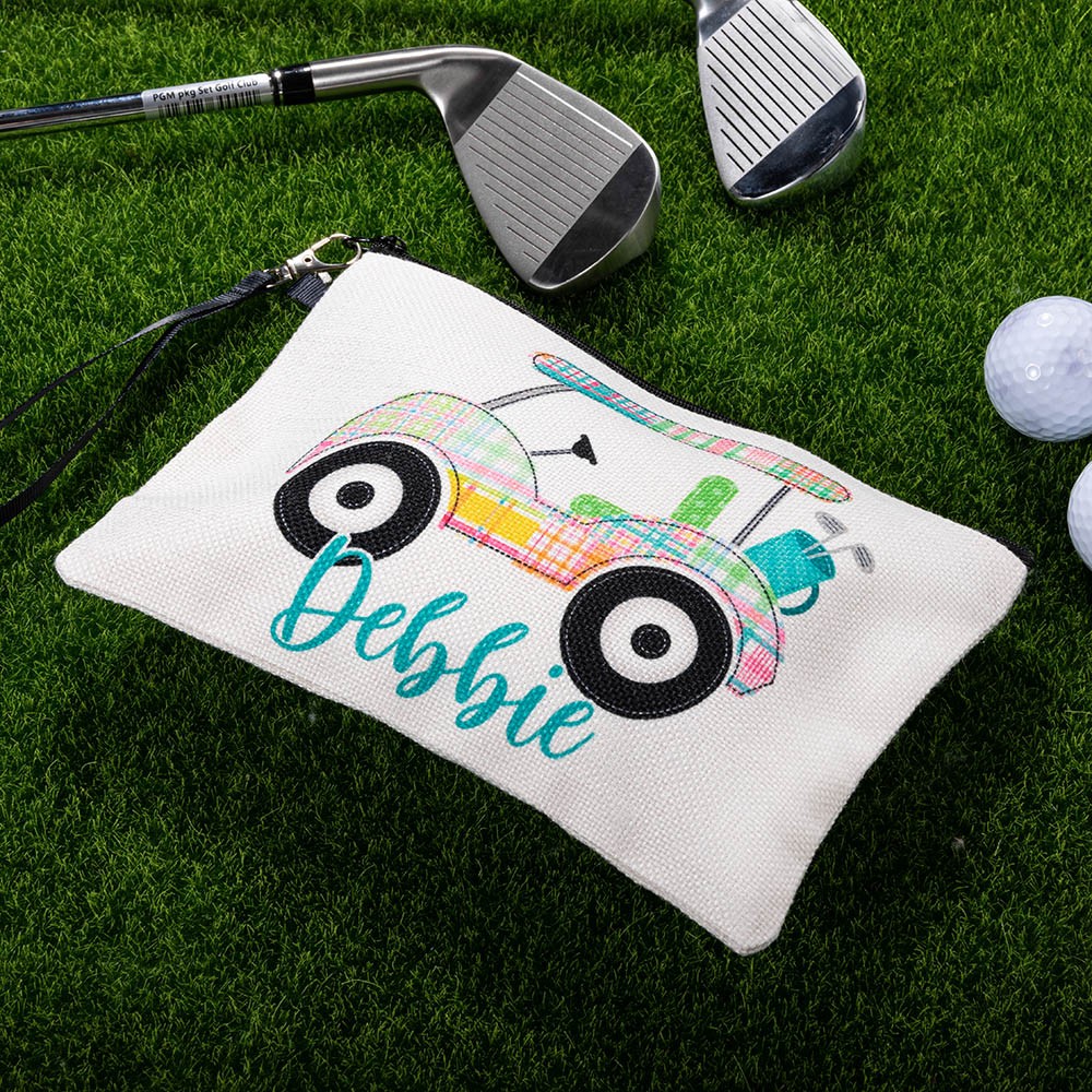 Personalized Golf Cart Cosmetic Bag with Wrist Strap, Custom Name Portable Golf Makeup Bag, Toiletry/Weekender Bag,