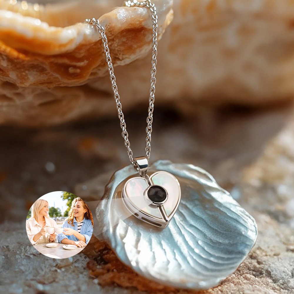 Personalized Heart Shaped Natural Shell Micro-carved Photo Necklace, Custom Keepsake Jewelry Gift for Her, Memorial Necklace for Women, Gift for Mom