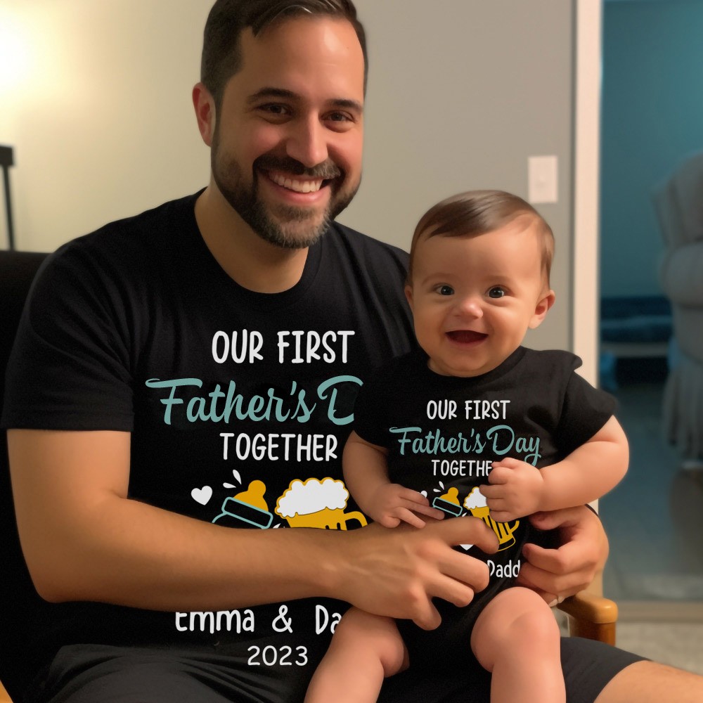 Chemises personnalisées assorties à la bière et à la bouteille, chemise de notre première fête des pères ensemble, body en coton, chemise père et bébé, cadeau de fête des pères pour papa