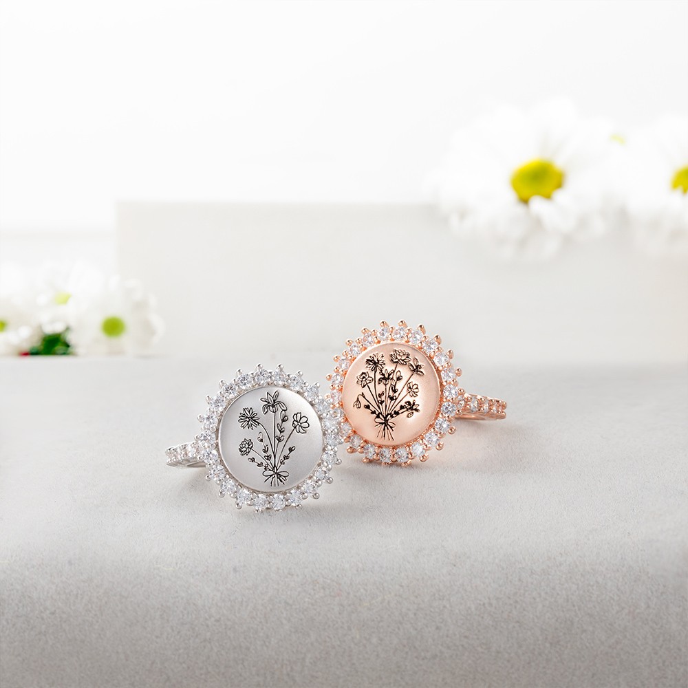 Custom 1-8 Birth Flower Circle Ring, Mother's Ring, Best Friend Ring, Women's Jewelry, Birthday/Mother's Day/Anniversary Gift for Mom/Wife/Girlfriend