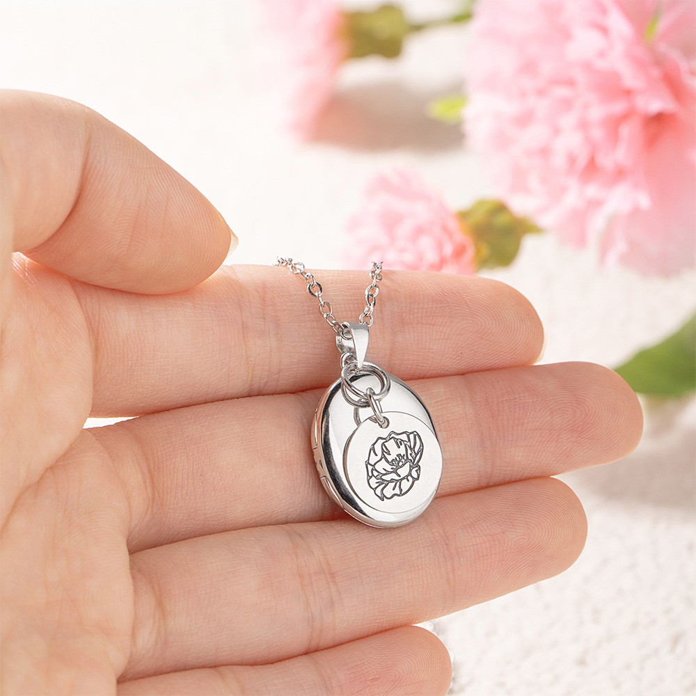 Personalized Birth Flower & Photo Necklace, Photo Necklace with Name, Oval Locket Necklace, BirthDay/Valentine's Gift for Mom/Grandma/Wife/Couple