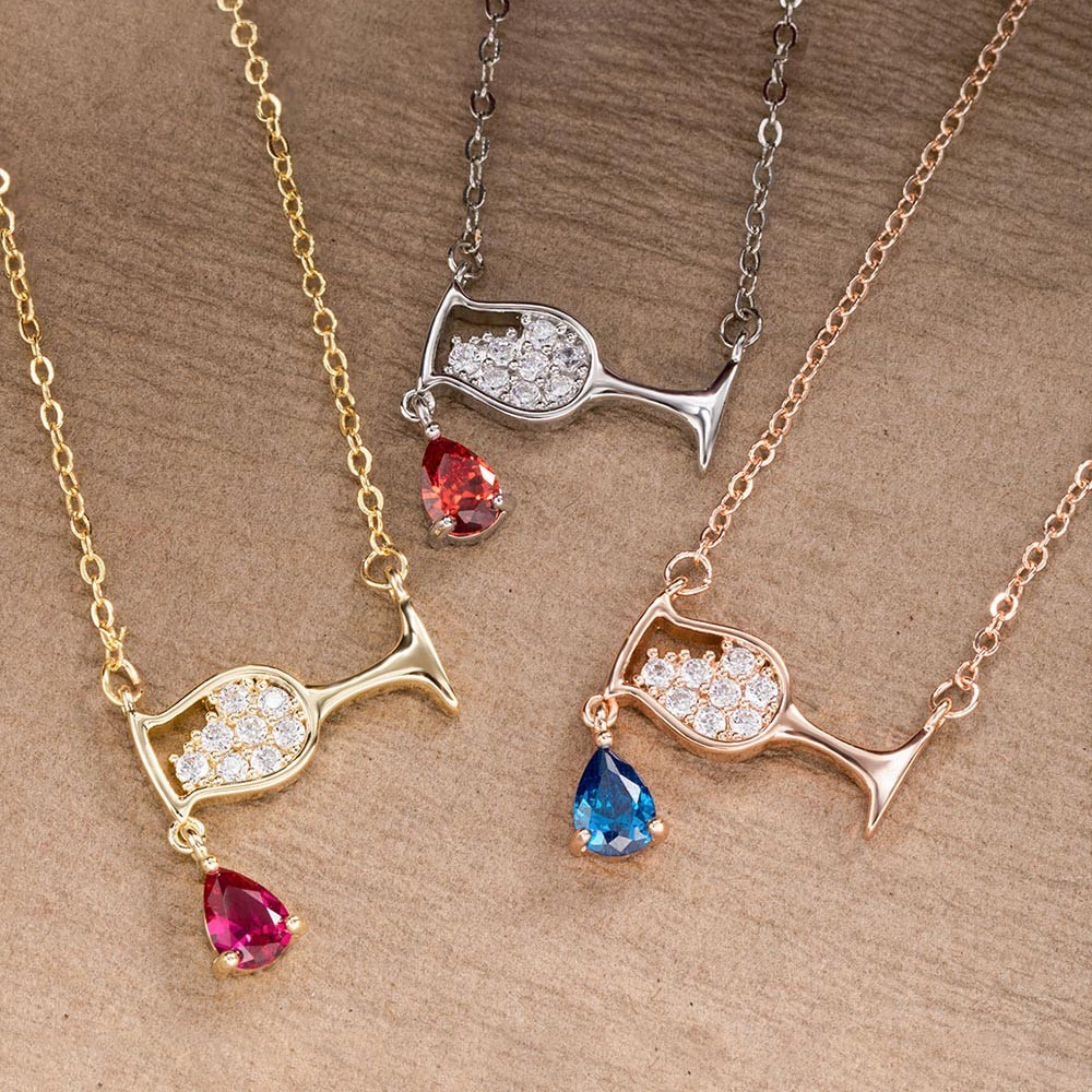 Wine Glass Ruby Birthstone Necklace, Wine Bottle Cup Cubic Zircon Pendant Necklace, Birthday Gift for Women/Wine Lover/Bartender