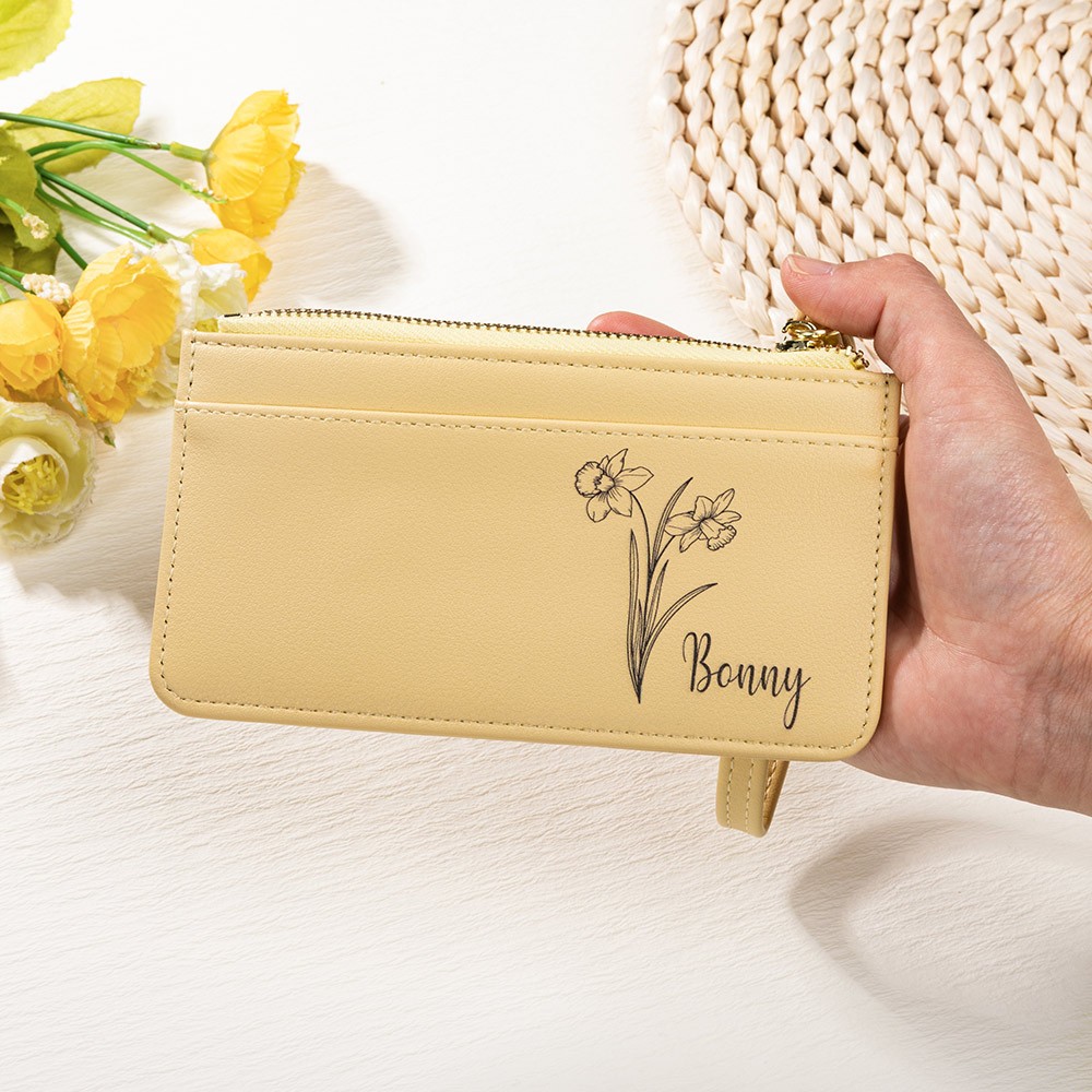 Personalized Birth Flower Zipped Card Holder with Name, Monogram Vegan Leather Coin Purse, Women's Wallet, Mother's Day/Bridesmaid Gift for Women