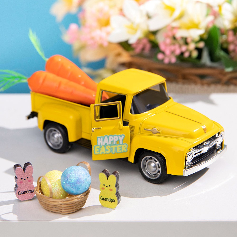 Custom Easter Truck with Eggs/Carrots Pink Vintage Farm Pickup Farmhouse Tabletop Tiered Tray Decor Home Kitchen Happy Spring Mini Decorations