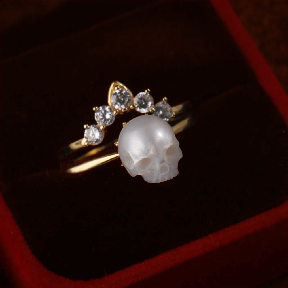 Personalized Pearl Skull Ring Crystal Crown Ring, 2 Pieces Sterling Silver Ring Stackable Matched Ring, Gothic Dark Jewelry for Her, Be My Queen