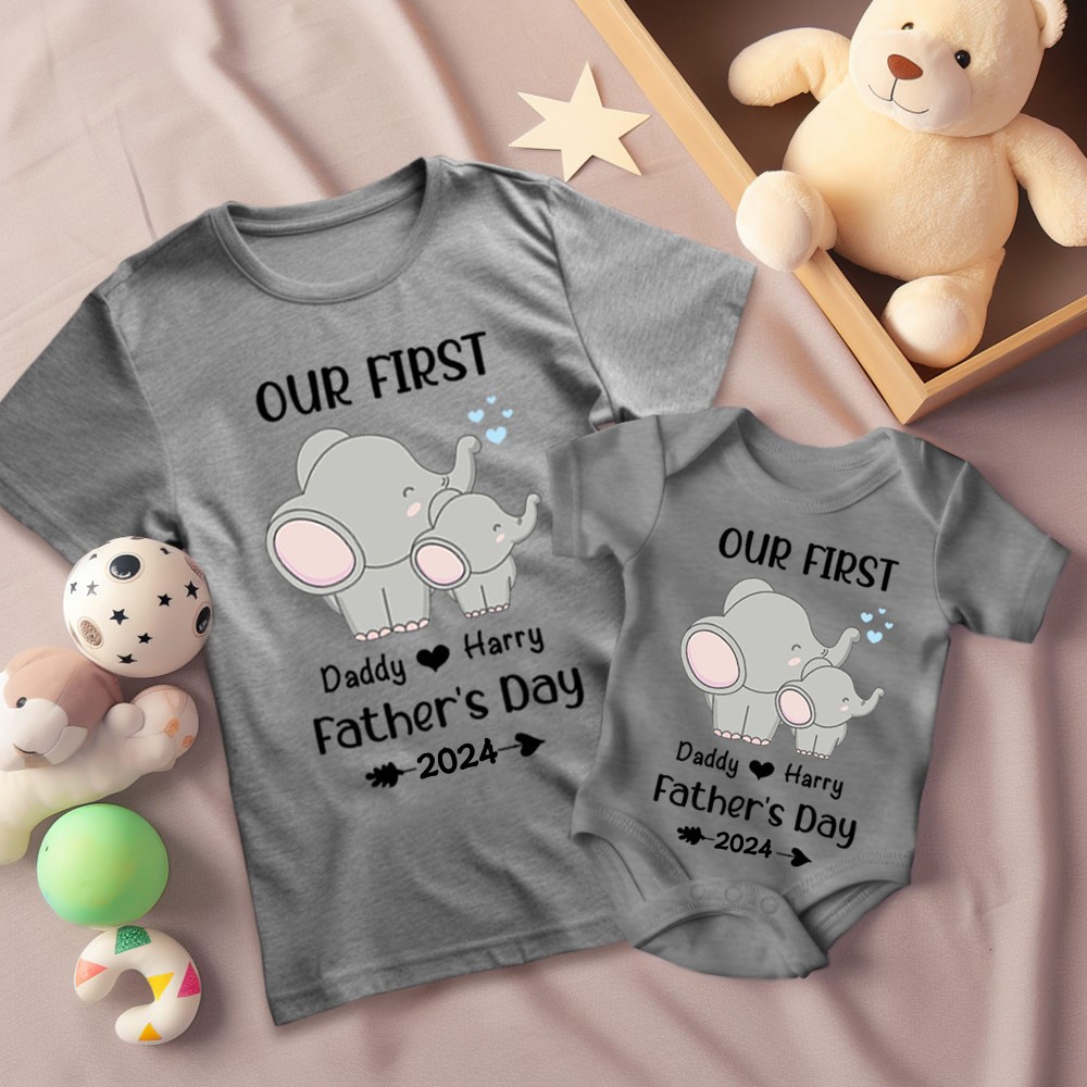 Custom Elephant Name Parent-child Shirts, Father Son Matching Shirts, Family Shirts, Cotton T-shirts/Rompers, Father's Day Gift for Dad/Grandpa