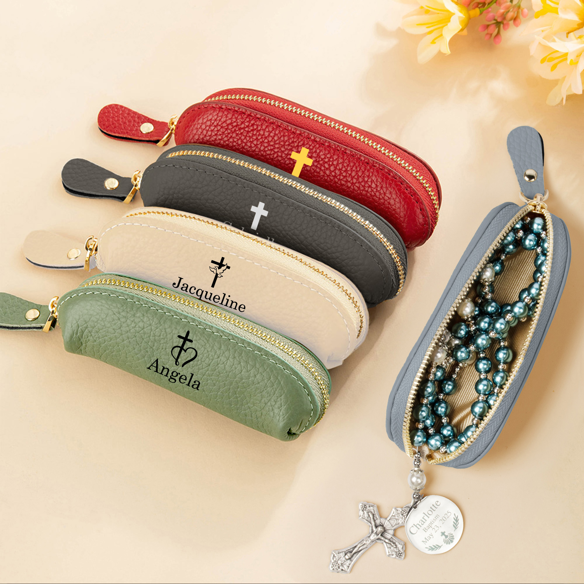 Personalized Name Cross Rosary Bag, Portable Multicolor Mini