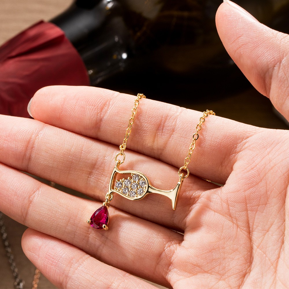 Wine Glass Ruby Birthstone Necklace, Wine Bottle Cup Cubic Zircon Pendant Necklace, Birthday Gift for Women/Wine Lover/Bartender