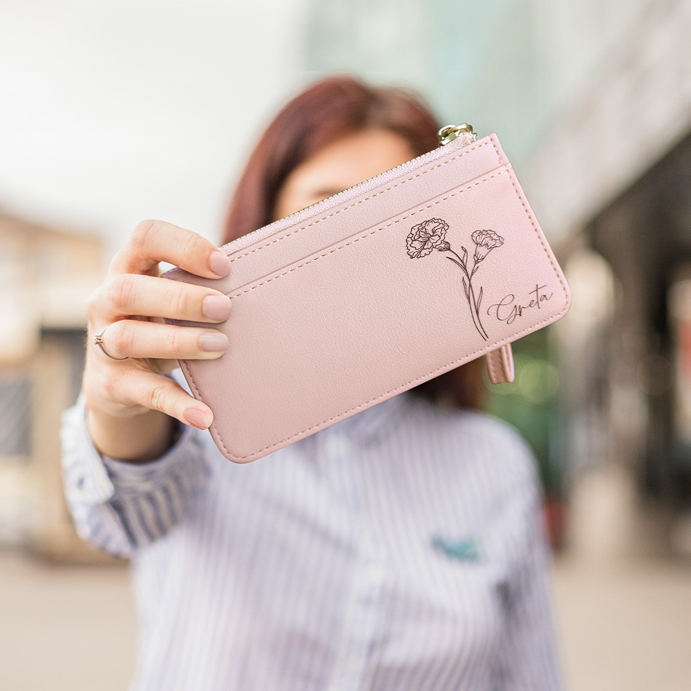 Personalized Birth Flower Zipped Card Holder with Name, Monogram Vegan Leather Coin Purse, Women's Wallet, Mother's Day/Bridesmaid Gift for Women