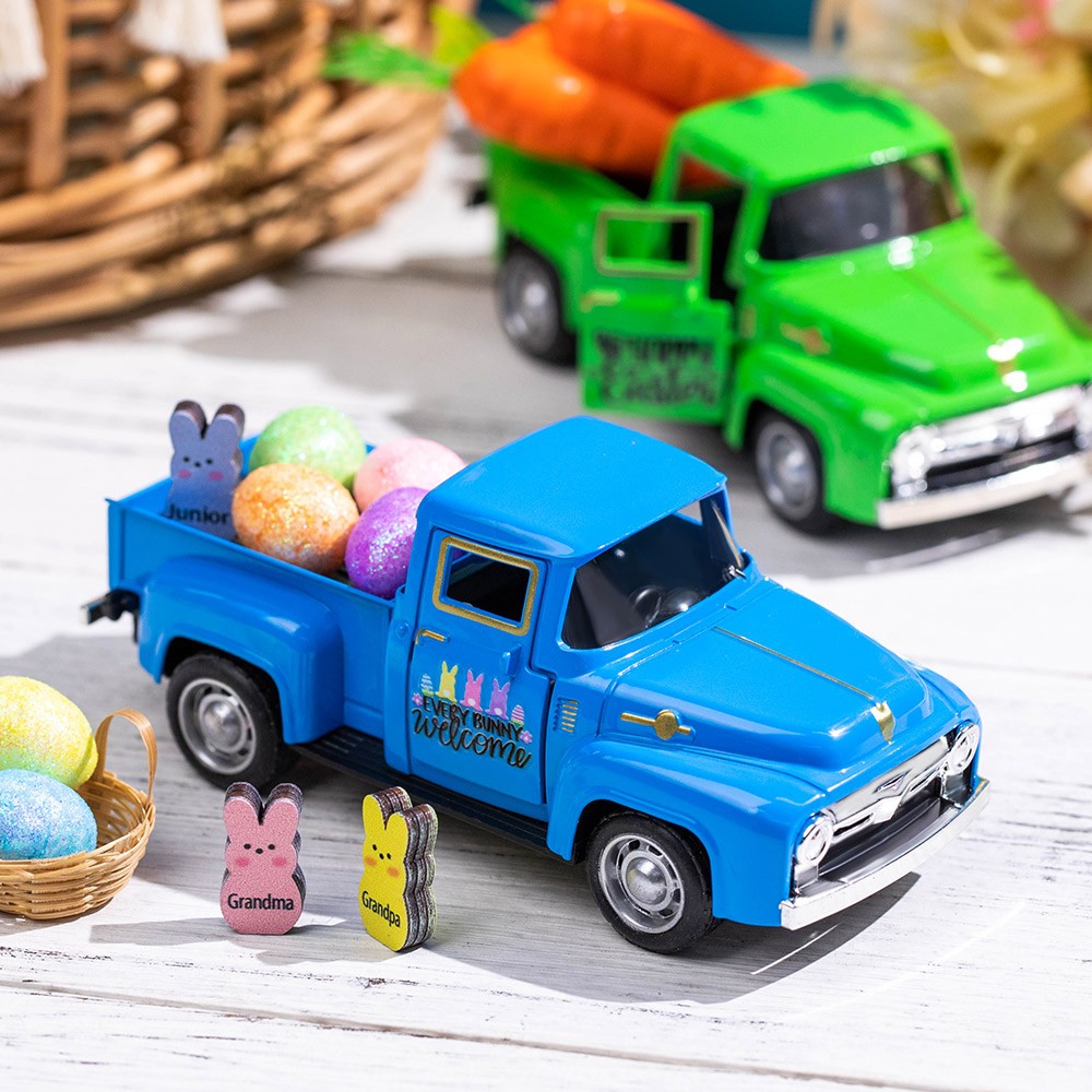 Custom Easter Truck with Eggs/Carrots Pink Vintage Farm Pickup Farmhouse Tabletop Tiered Tray Decor Home Kitchen Happy Spring Mini Decorations
