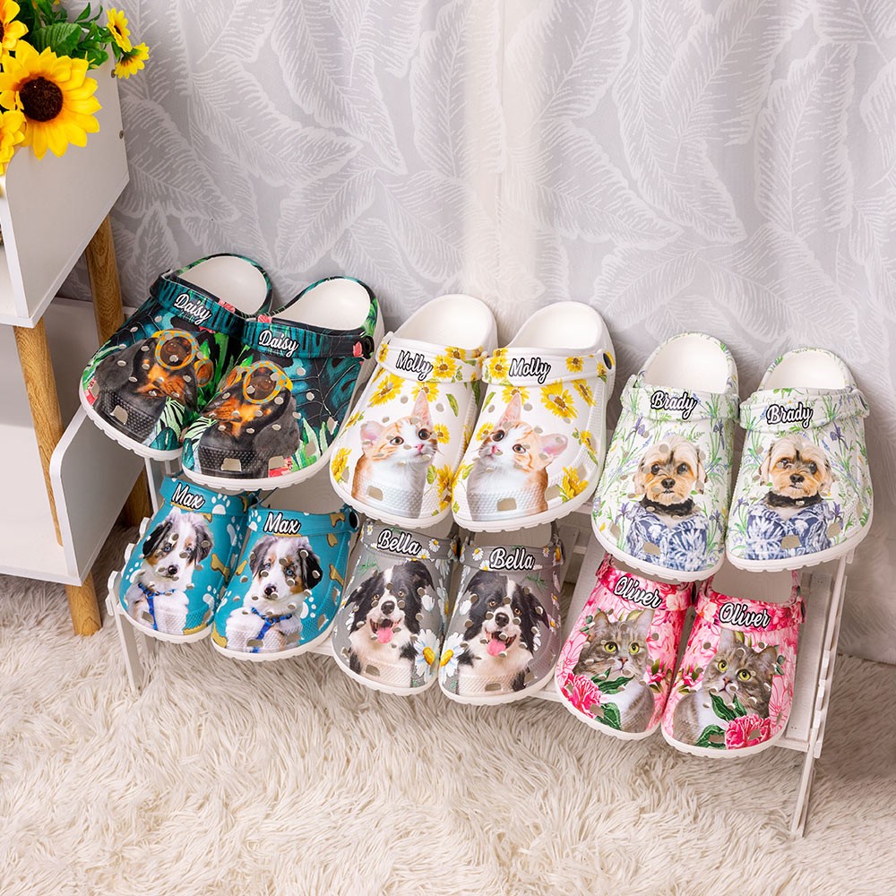 Chaussons sabots personnalisés colorés pour animaux de compagnie avec photo et nom amusants de chien et de chat, cadeau d'anniversaire pour amoureux des animaux