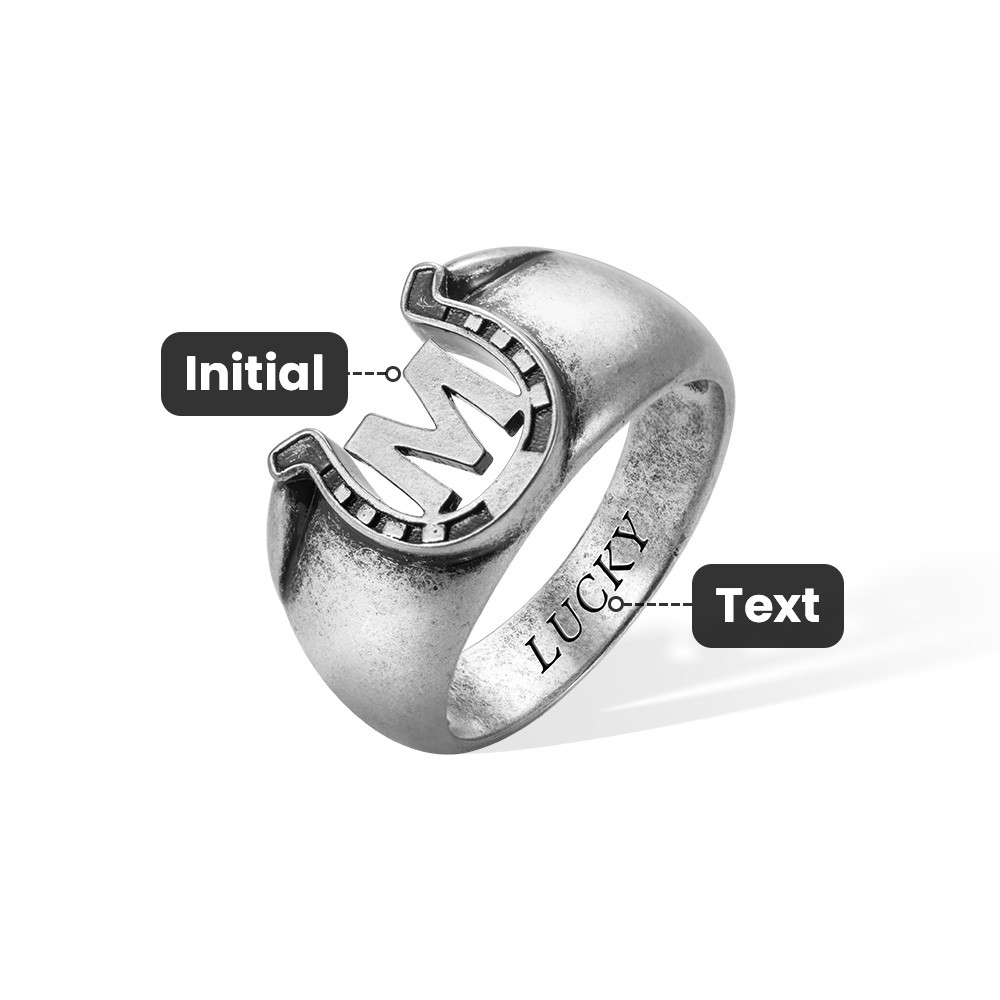 Customized Initial Horseshoe Men's Ring with Engraved Text, Father's Day Birthday Gift for Him, Horse Riders
