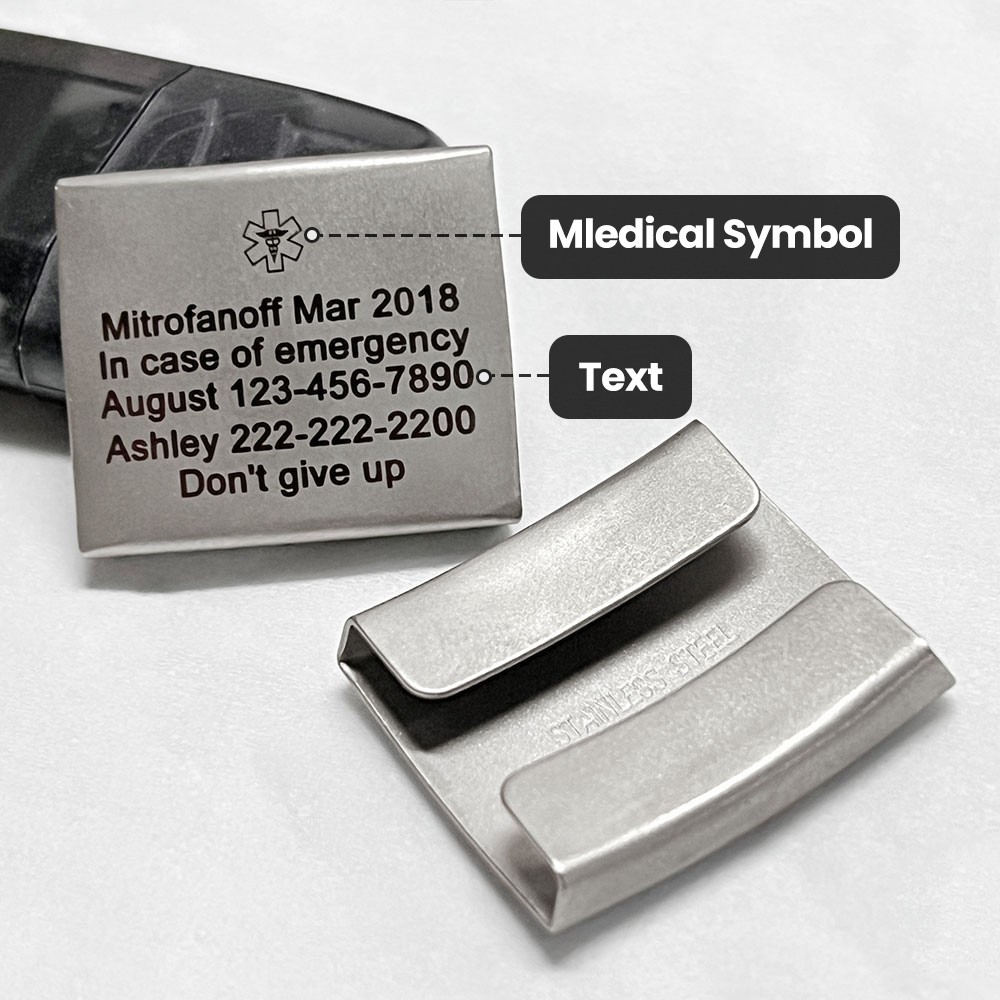 Personalized Engraved Medical Alert ID Tag for Apple Watch Band, Emergency Safety Plate, Fitness Runners Athletes Climbers Elderly Essential
