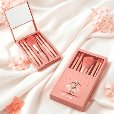Personalized Name Cute Ballet Bunny 5PCS Makeup Brush Set with Mirror, Portable Travel Accessories, Birthday/Wedding Gift for Her/Friends/Bridesmaids