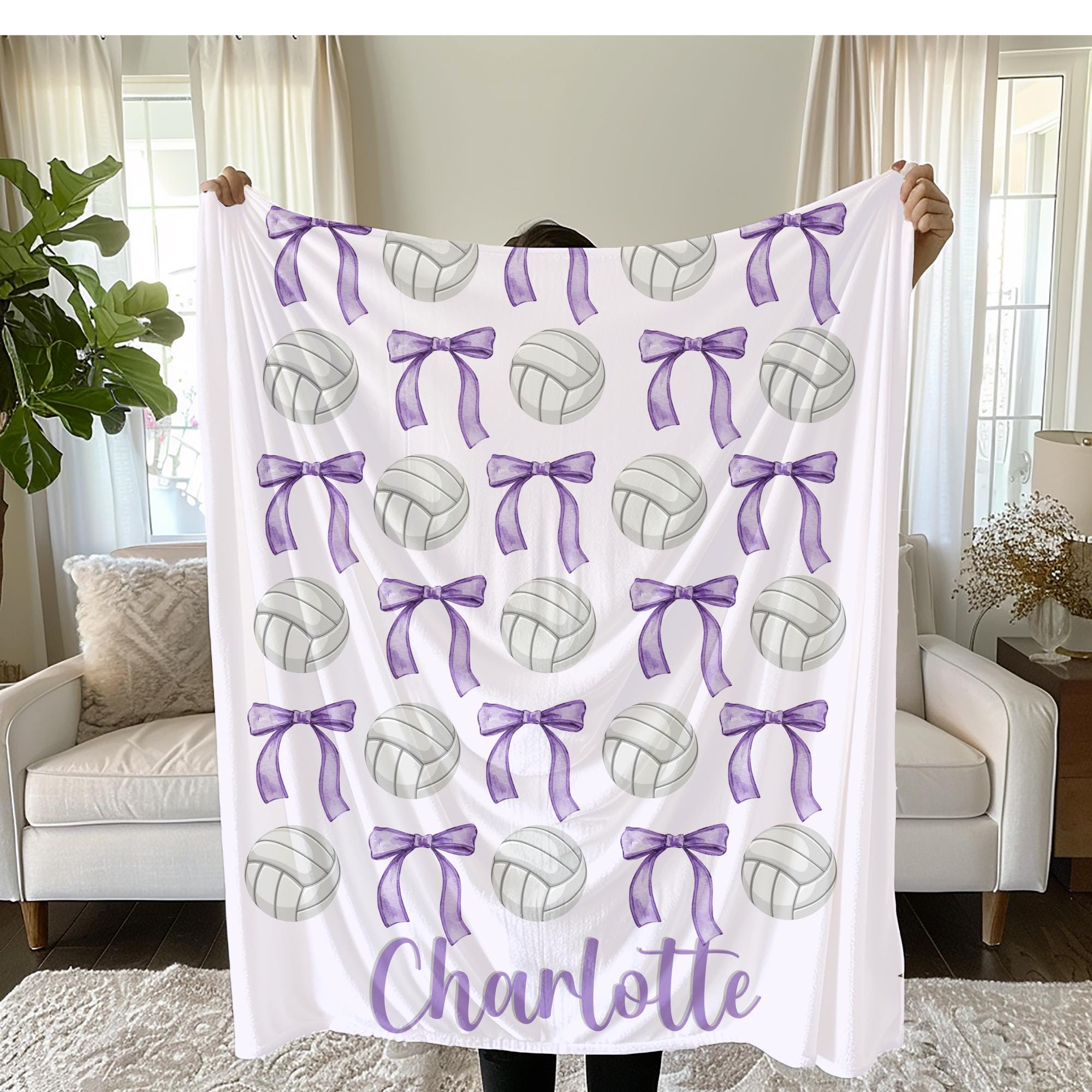 Bows and Volleyball Personalized Gift, Team Gift for Player - Volleyball Blanket, Custom Throw, Sports Bedding,