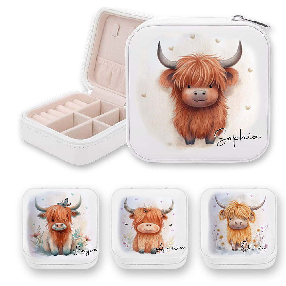 Étui de voyage personnalisé pour bijoux en forme de vache des Highlands, boîte de rangement de bijoux portable en cuir végétalien, cadeau d'anniversaire/fête des mères pour femmes/filles/amoureux des vaches des Highlands