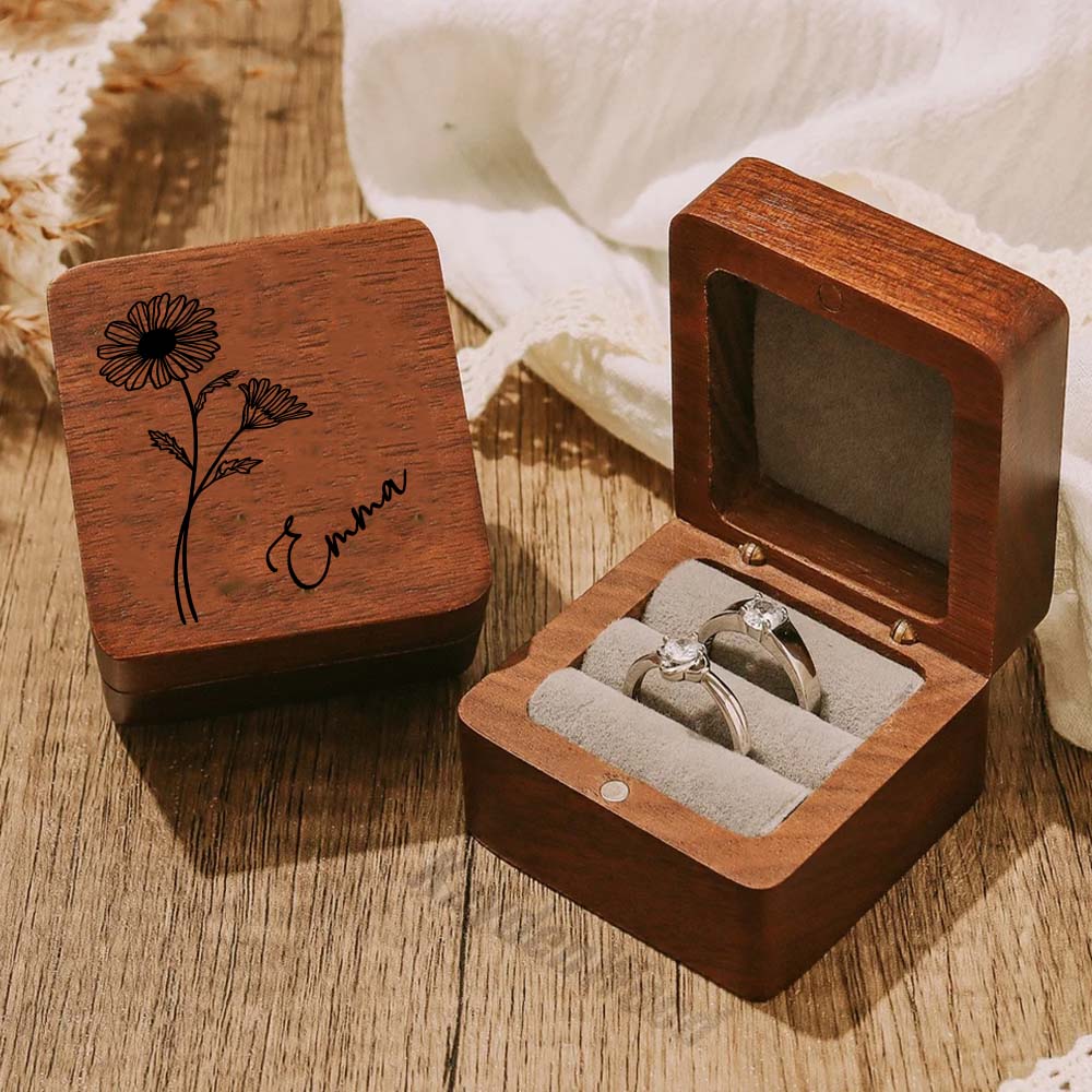 Personalized Birth Flower Ring Box, Wooden Engagement Ring Box, Engraved Proposal Ring Box, Ring Holder, Couple Ring Organizer, Christmas Gift