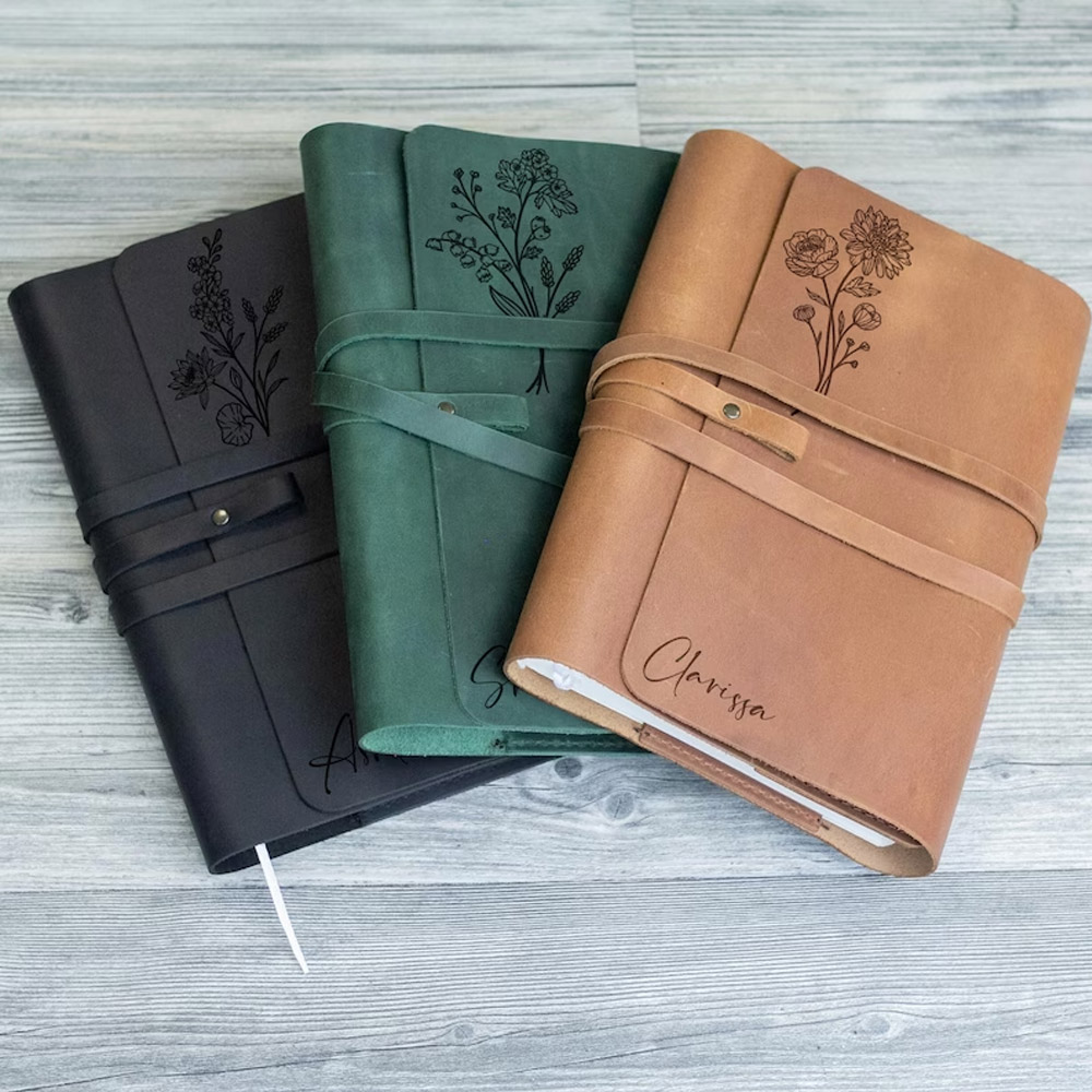 Personalized Birth Flower Name Leather Bound Journal, Vintage Fancy Wellness/Gratitude/Travel/Prayer Diary Notebook for Women/Men, Gifts for Writer