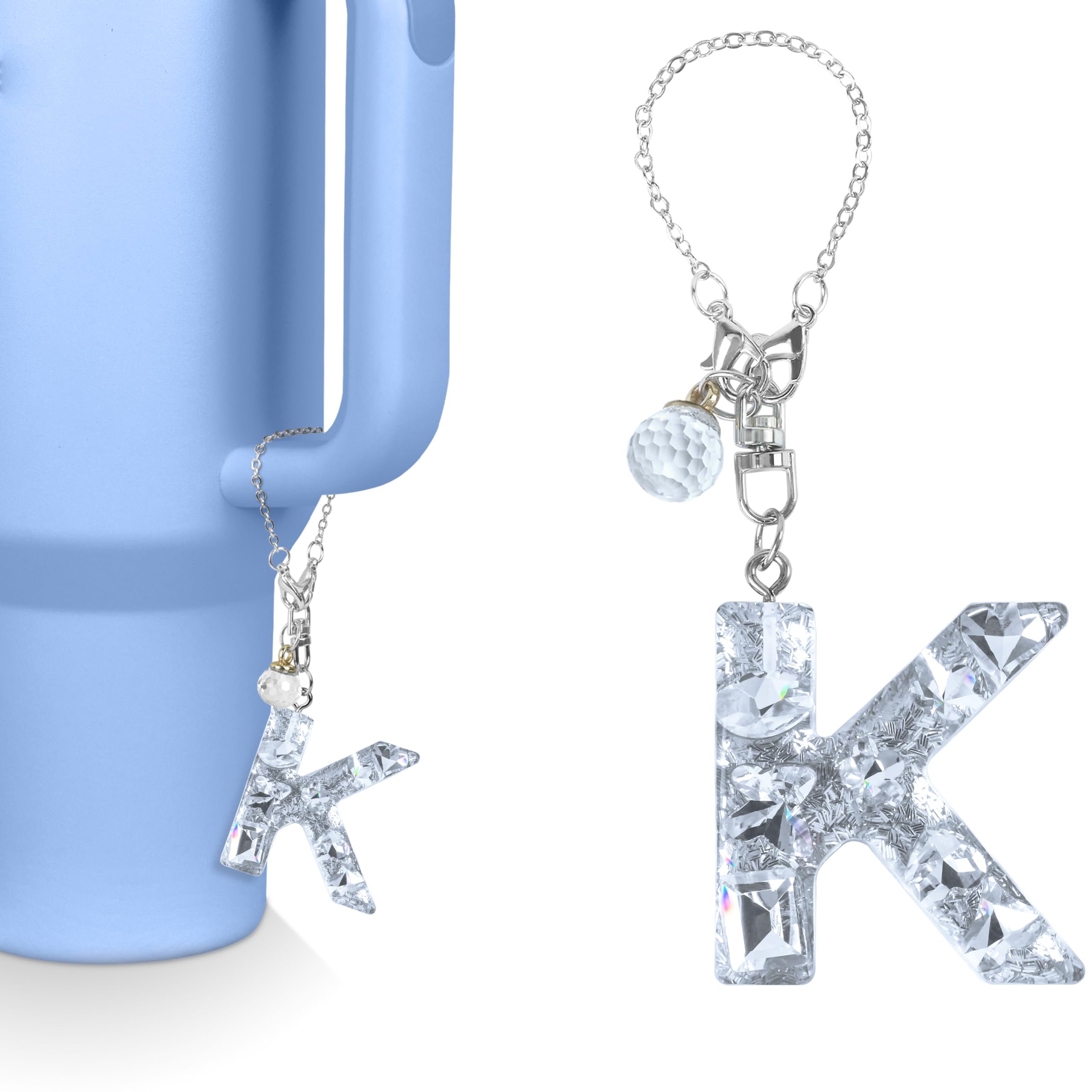 Vmini Tumbler-Zubehör kompatibel mit Stanley Tumbler mit Griff, Wasserflaschenkette für Stanley Cup 40oz mit glitzerndem Buchstaben und Glitzeranhänger, süßer Buchstabe für Stanley Cup-Zubehör