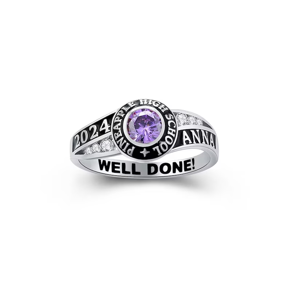 Personalized High School or College Graduation Rings with Name, Sterling Silver Jewelry with Birthstone of 2024, Commemorative Class Gift for Girl Woman