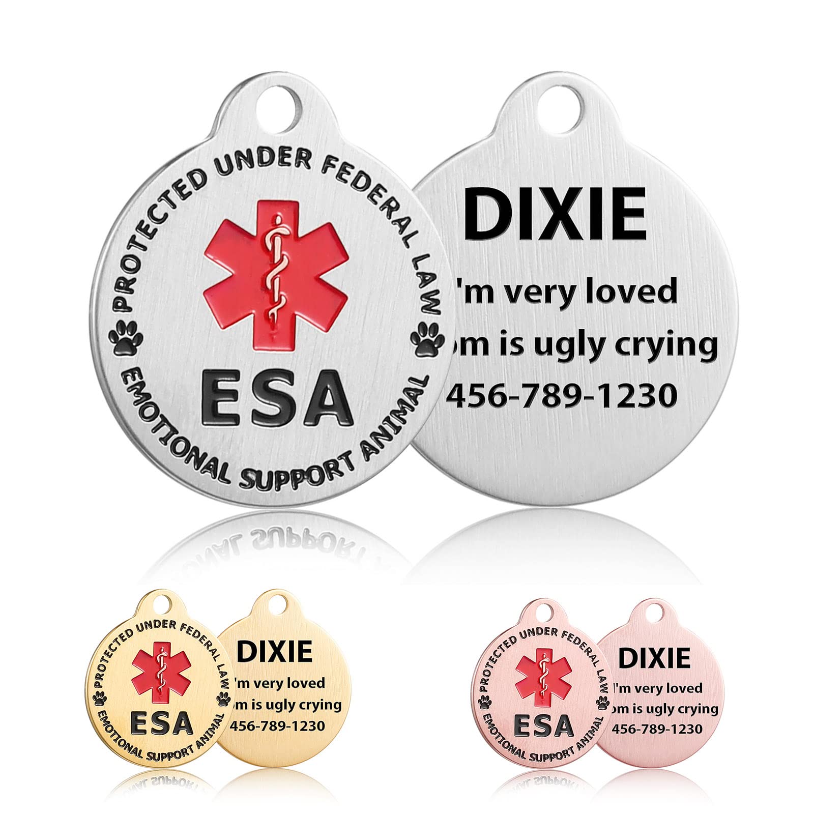 Custom Engraved Emotional Support Animal (ESA) and Service Dog & Cat ID Tag, Customized Info Engraved on Stainless Steel Tag for Therapy Pets, Personalized Laser Engraved Dog Collar Tag