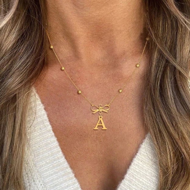 |New | initials copuette bow necklace stainless steel bead chain necklace