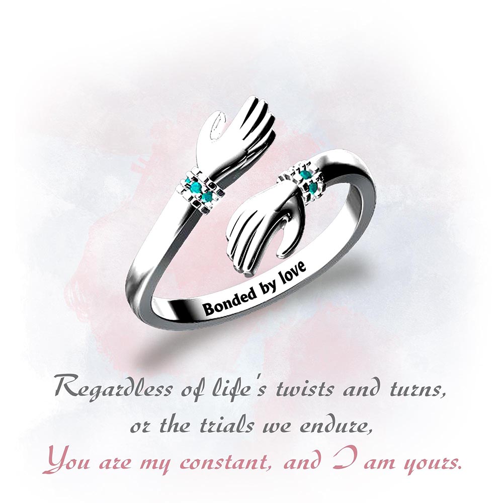 Birthstone Hug Ring, Personalized Love Hug Ring, Engraved Hand Ring, Couple Lover Ring, Cute Gift, Adjustable Minimalist Hugging Ring