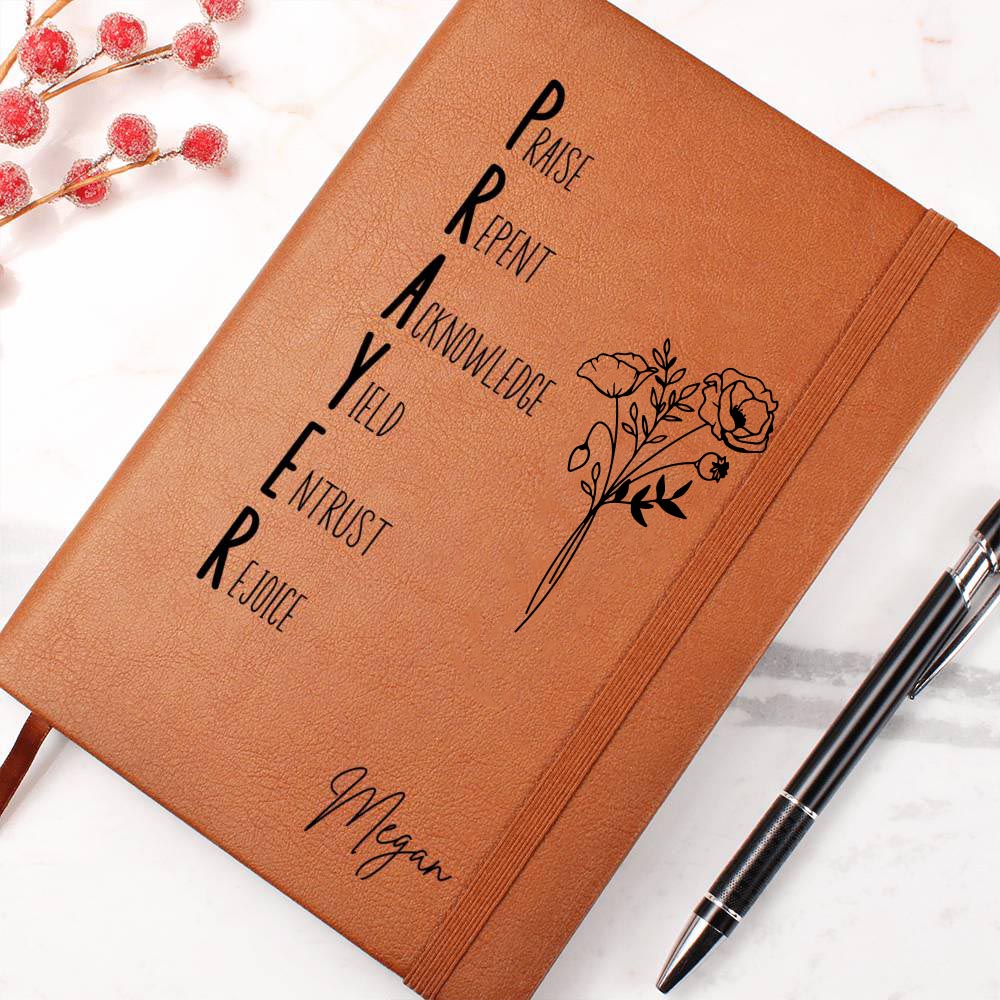 PRAYER Acronym Personalized Leather Prayer Journal with name and birth flower