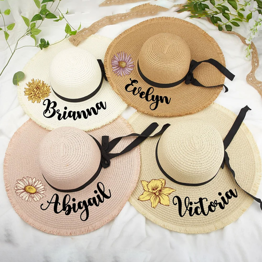 Custom Floppy Beach Hat with Birth Flower, Bachelorette Party Hat, Bride Beach Hat, Bride Sun Hat for Honeymoon, Bridesmaid Gifts for Her