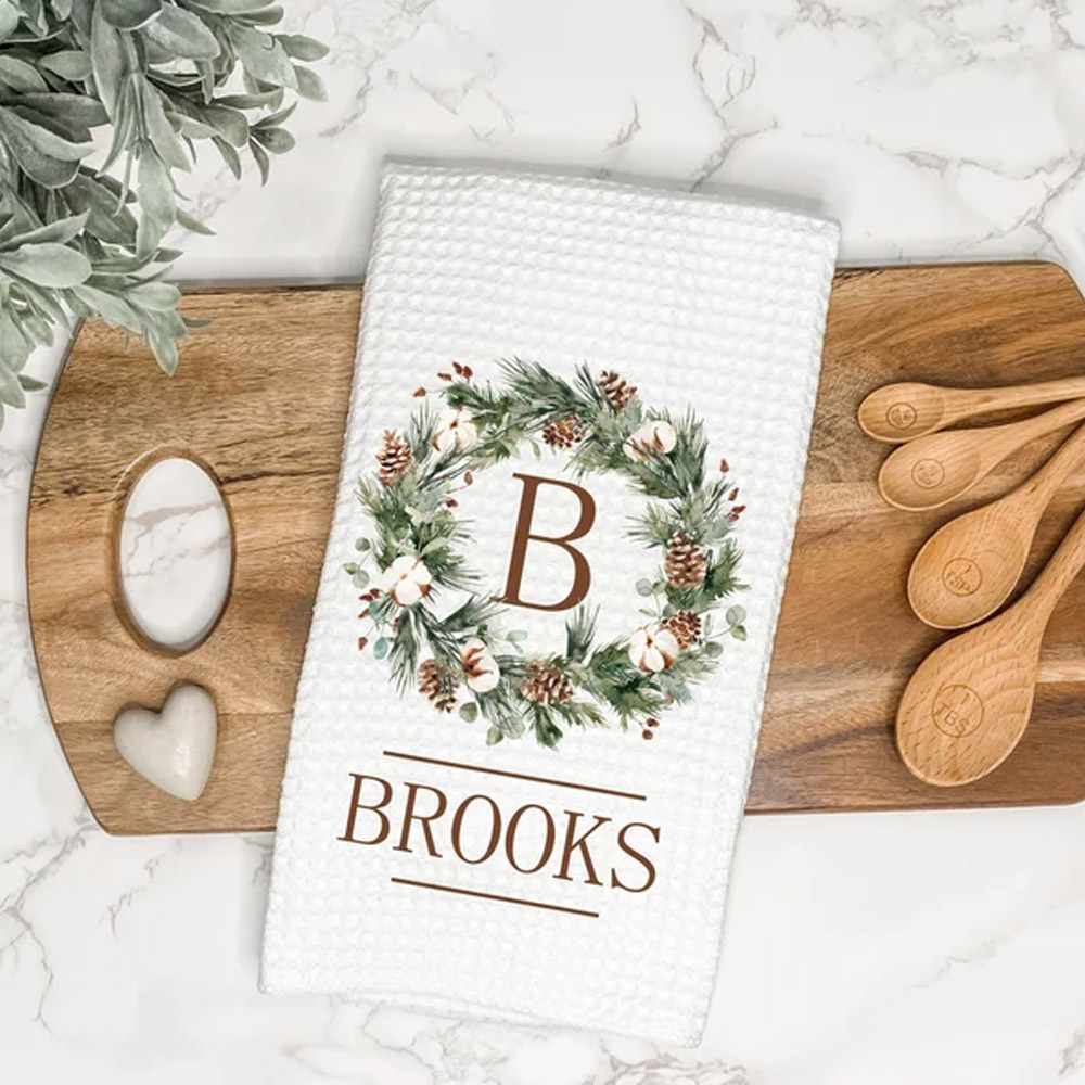 Monogram Christmas Wreath, Personalized Kitchen Tea Towel, Custom Gift for Hostess, Housewarming, Farmhouse Winter Decor, Hand Towel, Printed Towel