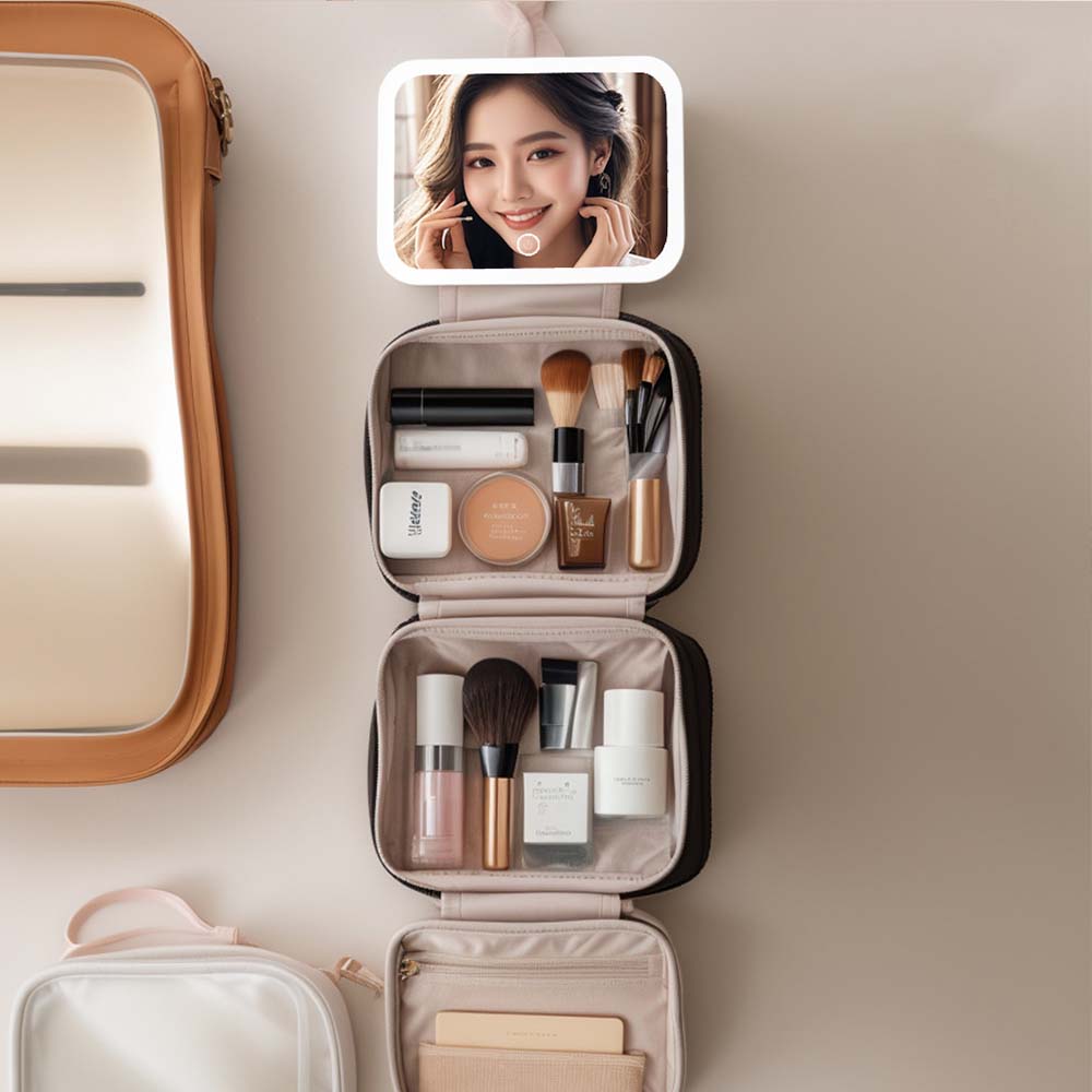 Portable toiletry bag with large capacity, mirror, cosmetic brush, transparent waterproof travel storage bag