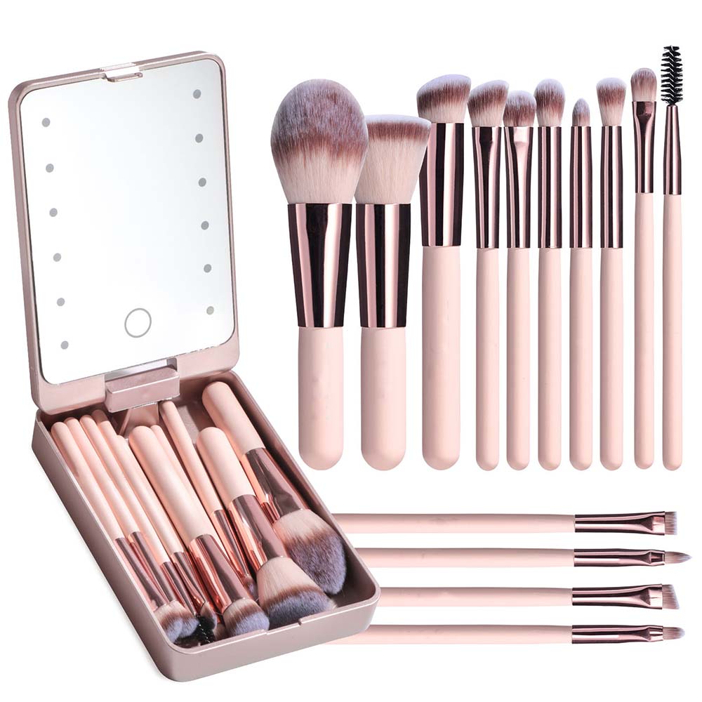 ✨Free Personalization✨Travel Makeup Brush Set with LED light Mirror 14 Pcs Mini Makeup Brushes