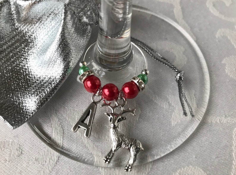 💖Buy 2 Free Shipping💖Personalised 2pcs Christmas Wine Glass Charms Alphabet Mixed Christmas Charms Letters Table Decorations with Red/Green and Silver toned beads