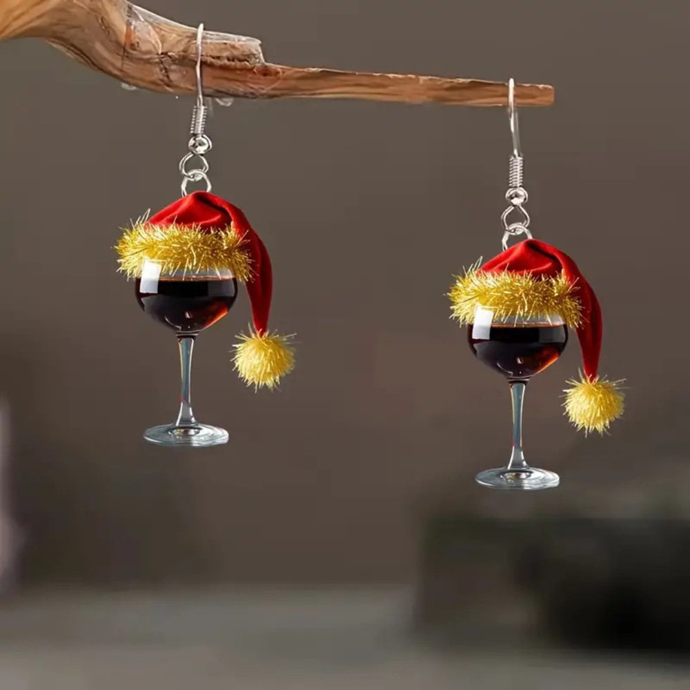 Christmas Wine Glass Earrings, Festive Acrylic Earrings with Santa Hat Design for Holiday Cheer