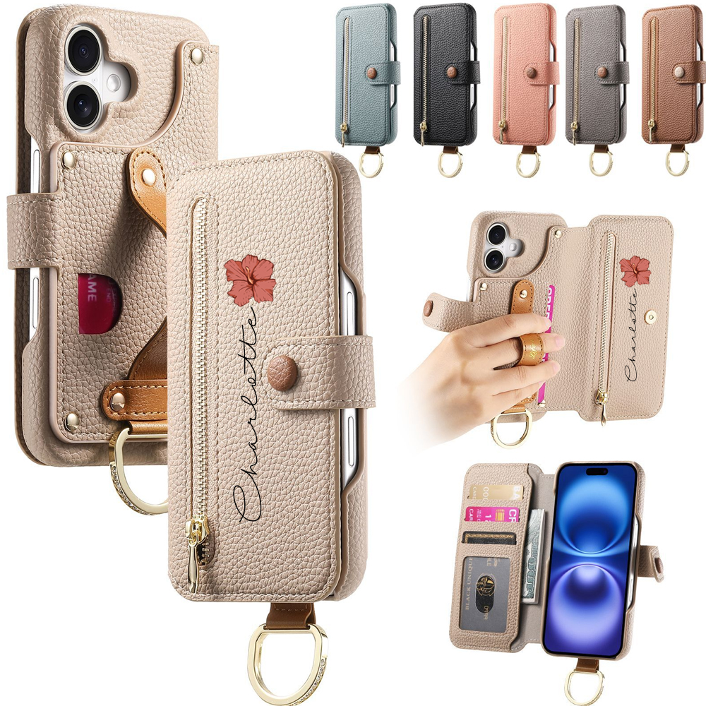 Personalized Birth Flower Name Leather Flip Wallet Phone Case for iPhone with Card Holder RFID Blocking Gift for Family Friend