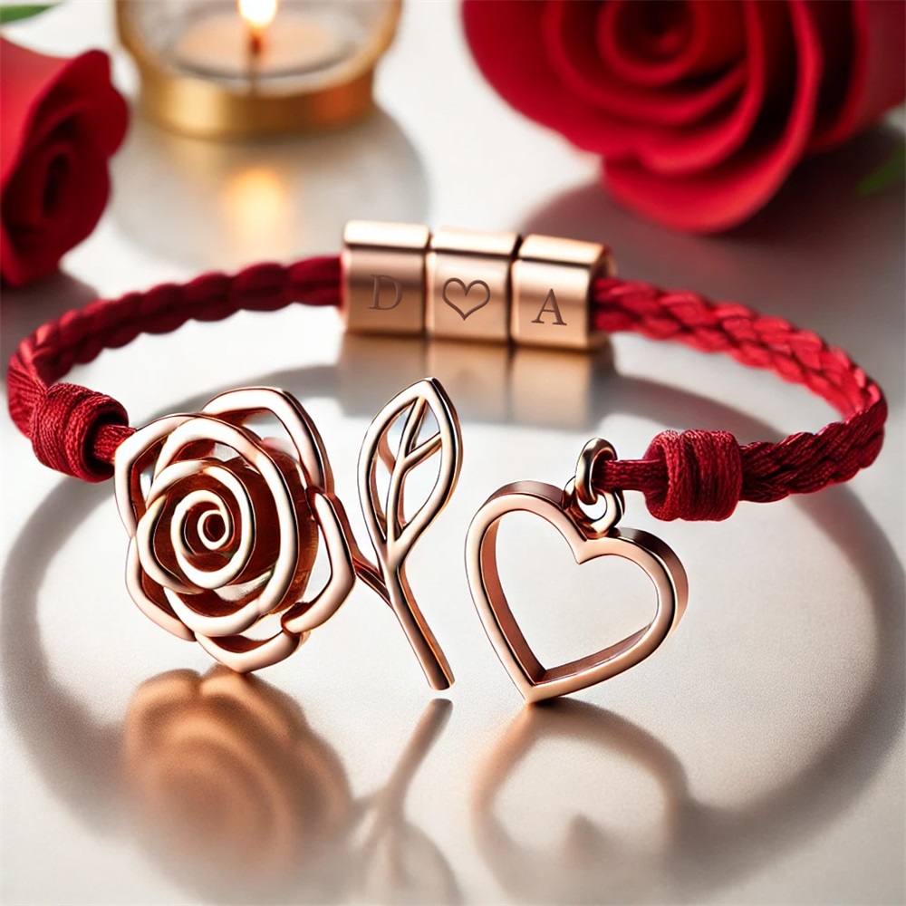 Customizable Red Rose Flower Bracelet with Initials, Personalized Red Rose Charm Bracelet, Adjustable Romantic Bracelet for Her, Perfect Gift for Anniversary or Love