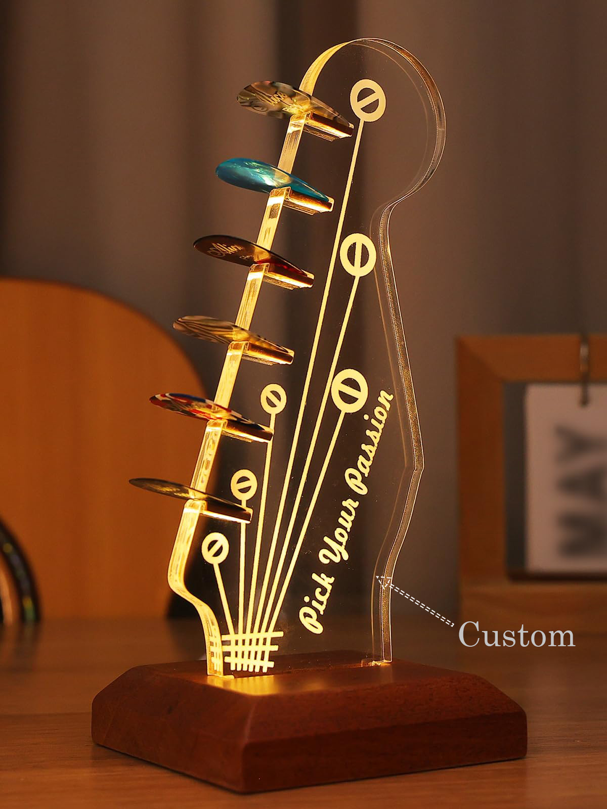🔥LAST DAY SALE 20% OFF🔥Personalized Light Up Guitar Pick Holder, Acrylic Electric Guitar Headstock Shaped Pick Holder with Wooden Base for Picks Storage and Display, Guitar Accessories Gift for Guitar Players Guitarists