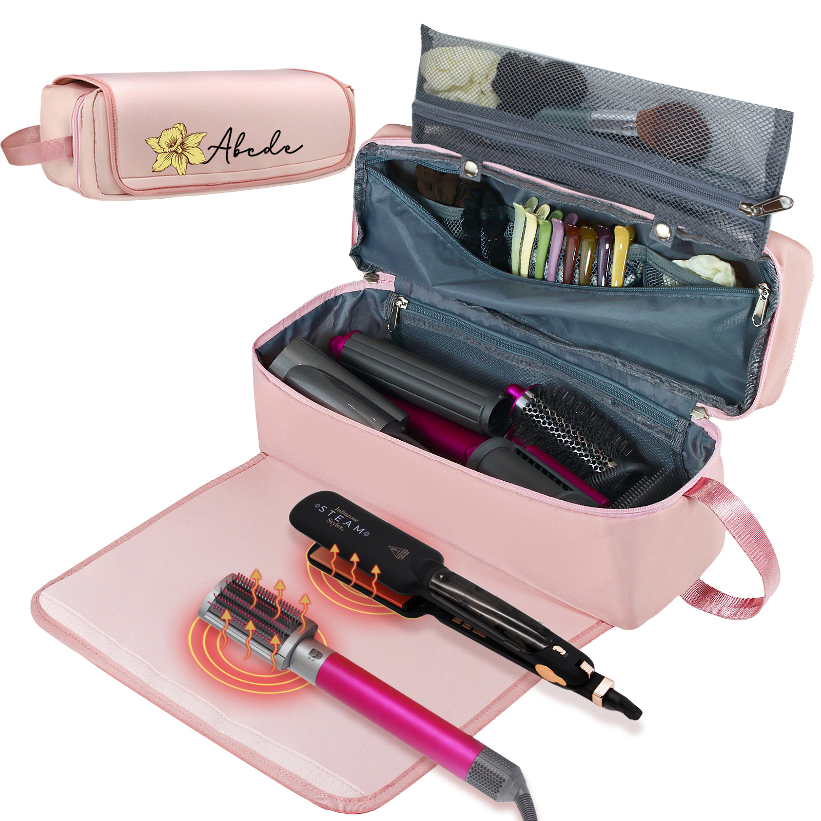 Personalized 2 in 1 Hair Tools Travel Bag with Heat Resistant Silicone Mat for Flat Irons, Curling Iron, Hair Dryer and Accessories, Oversize Portable Hot Hair Styling Tools Bag Travel Essentials for Women