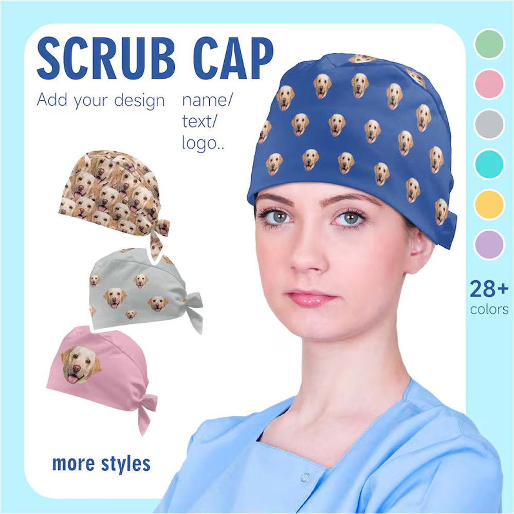 Personalized Scrub Cap with Pet Face, Custom Scrub Cap for Women Men Photo Scrub Cap, Face Scrub Cap Your Scrub Cap, Gift for Veterinary Nurse