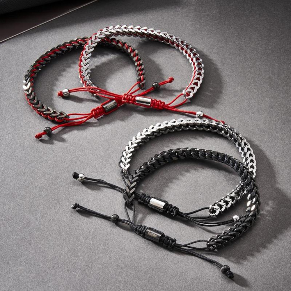 Geflochtenes Herrenarmband aus Edelstahl mit individueller Gravur, stilvolles personalisiertes Geschenk für Ihn, verstellbares Seildesign in Silber, Schwarz und Rot
