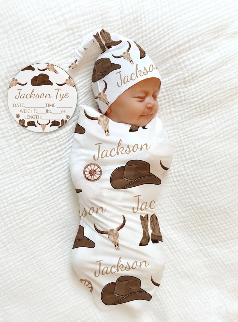 COWBOY Hat Name Blanket Baby Boy Personalized Shower Gift Cow Swaddle Newborn Ranch Coming Home Outfit Hospital Cowboy Boots Hat Deer Se