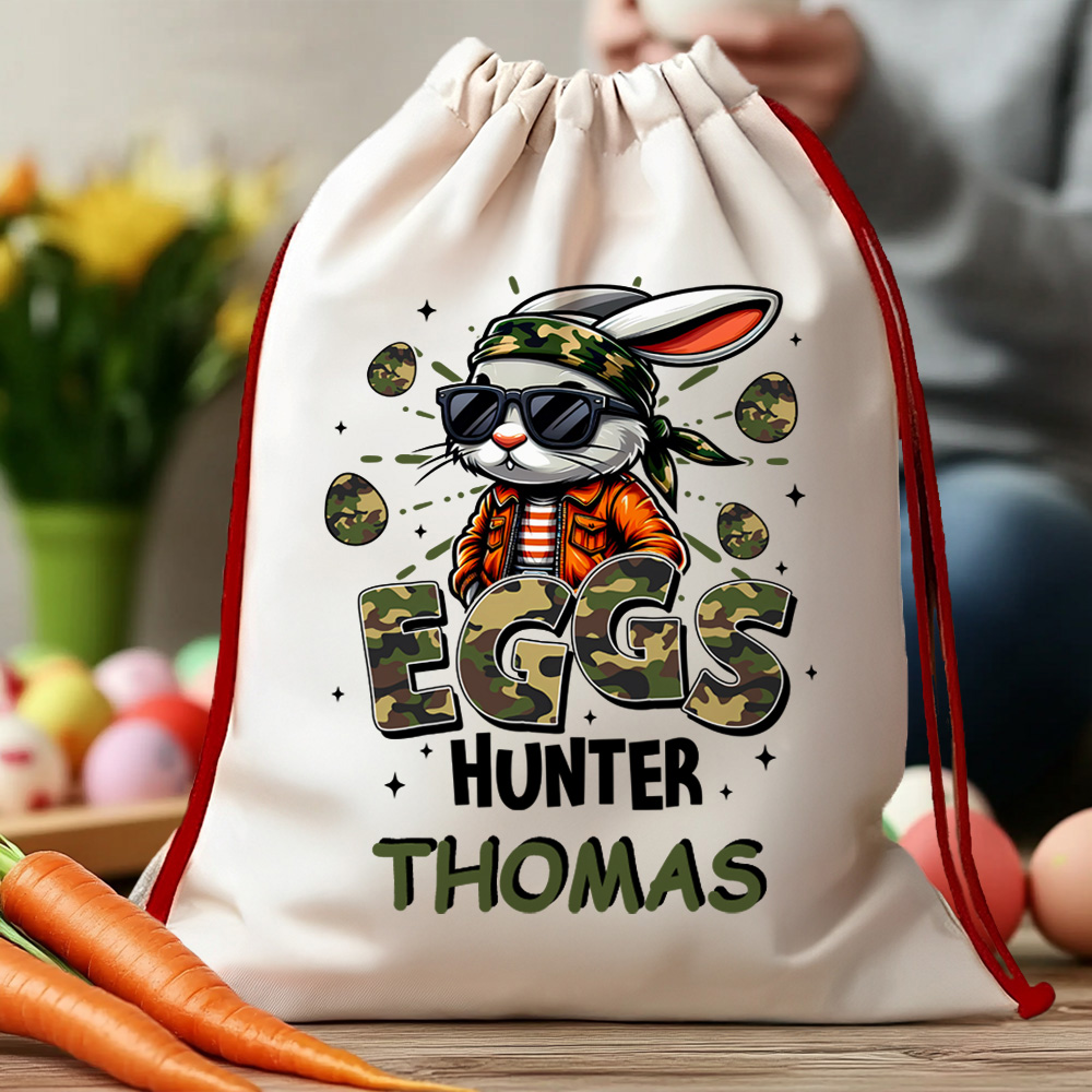Personalisierte Coole Hasen-Ostertasche, Hipster-Kaninchenkorb mit individuellem Namen, wiederverwendbare Eiersuche-Tasche für Kinder und Familie