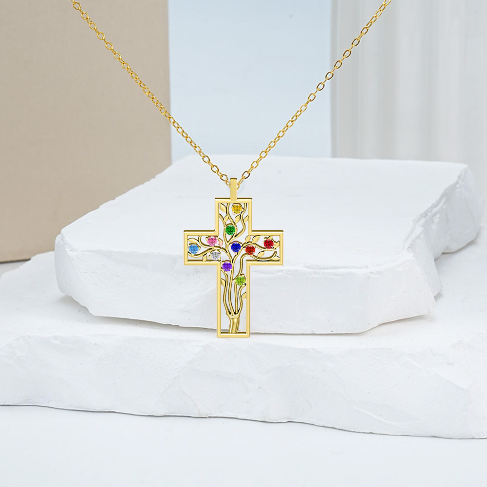 Personalized Family Tree Birthstone Cross Pendant, Custom Necklace, Mother's Day Gift for Mom, Grandma, Christian Jewelry