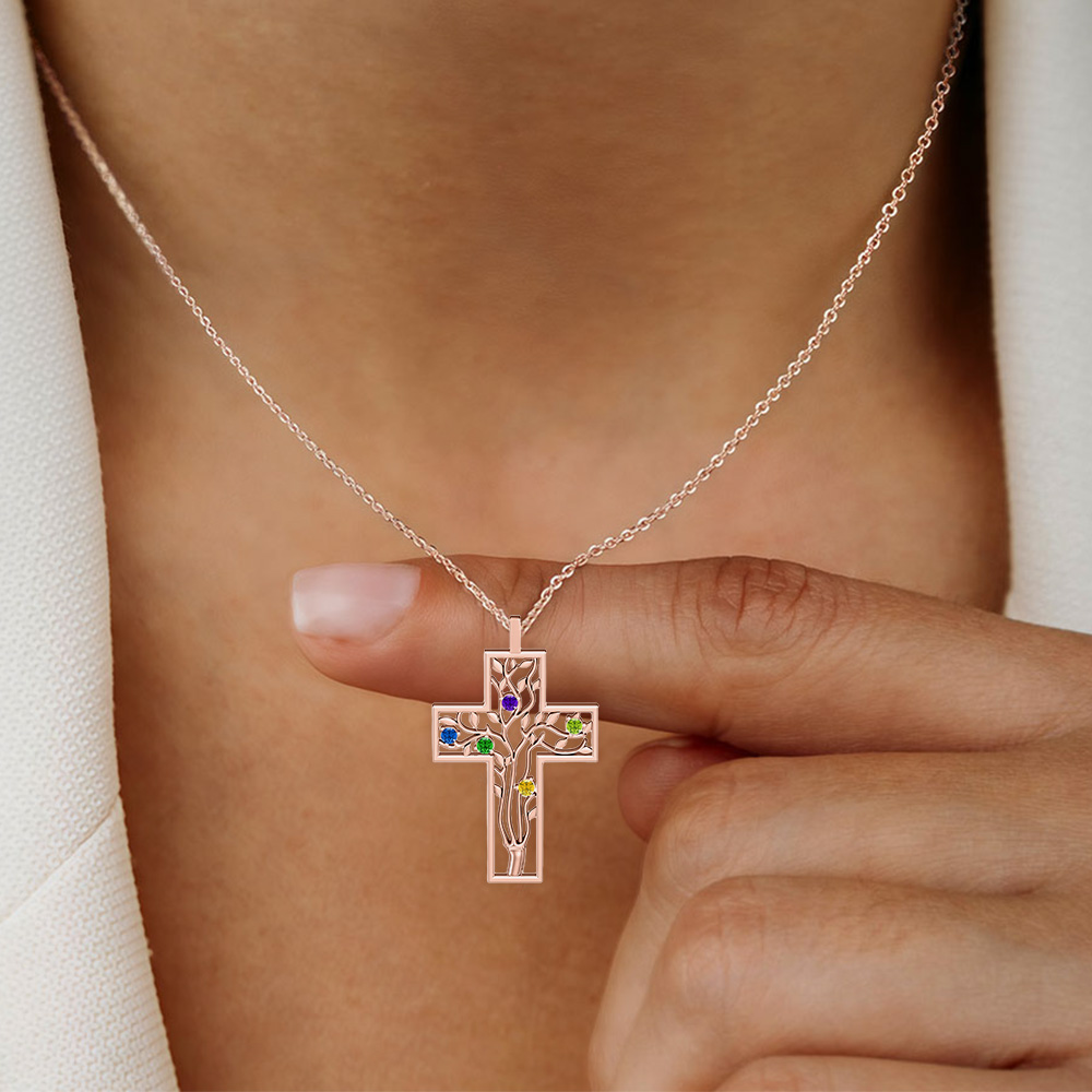 Personalisierter Familienbaum-Kreuzanhänger mit Geburtsstein, Personalisierte Halskette, Muttertagsgeschenk für Mama, Oma, christlicher Schmuck
